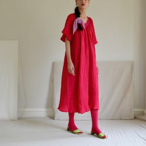 hot pink crinkle pleat smock dress with crochet neckline image 2