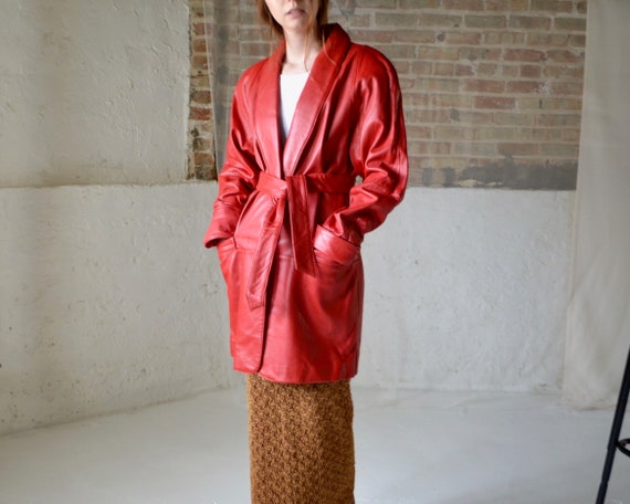 oversized red leather tie waist jacket