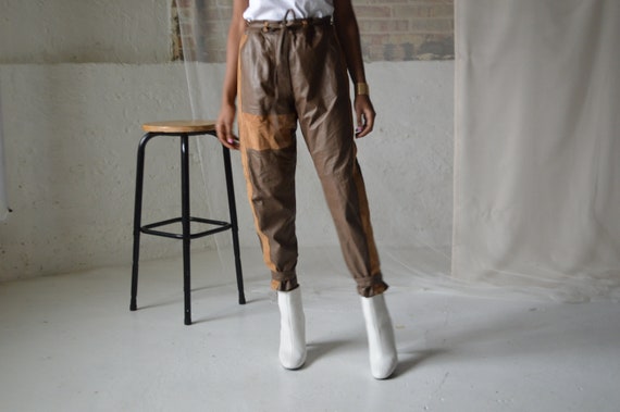 leather and suede patchwork buckle ankle trousers