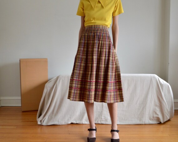 german cotton pleated plaid midi skirt with ruche… - image 1