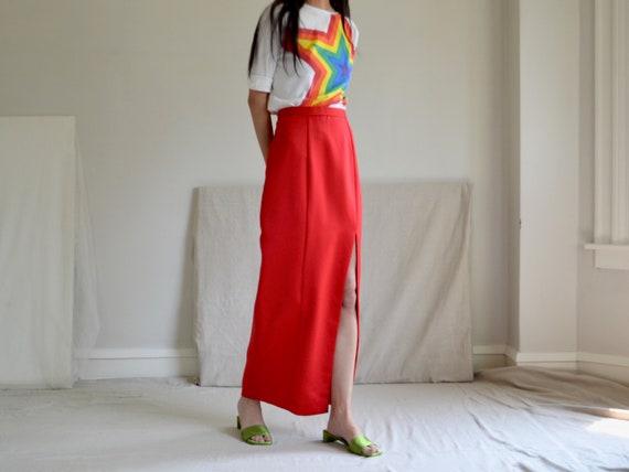 red satin high slit ankle length column skirt / 2… - image 7