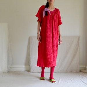 hot pink crinkle pleat smock dress with crochet neckline image 3
