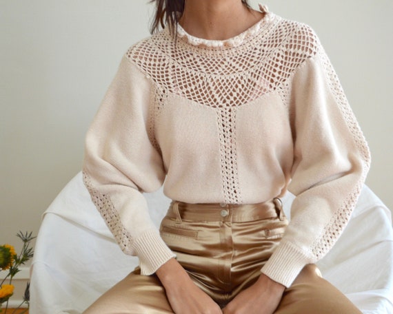 blush pink cotton blend crochet pullover sweater
