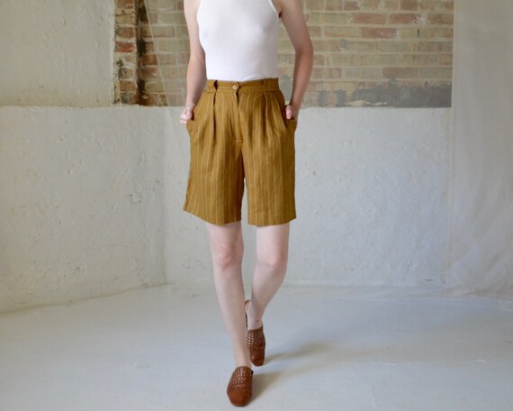 linen pinstripe mustard brown bermuda shorts / 26w