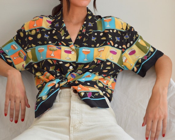 silk novelty cocktail short sleeve boxy blouse