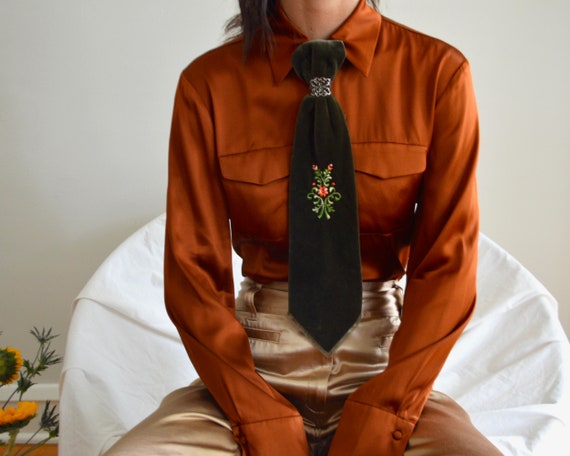velvet floral embroidered womens necktie