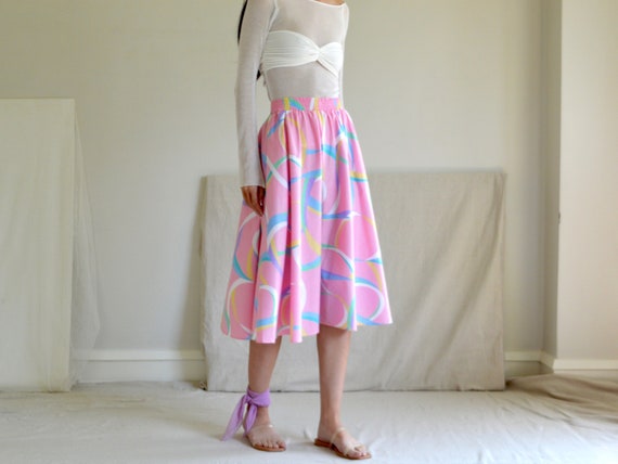 pale pink 80s full abstract midi skirt with pocke… - image 4