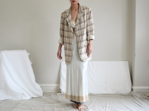 plaid linen long line oversized blazer jacket / j… - image 3