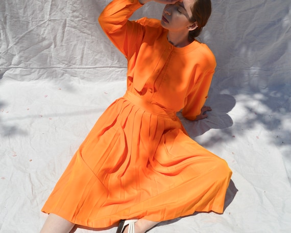 orange pleated two piece skirt set
