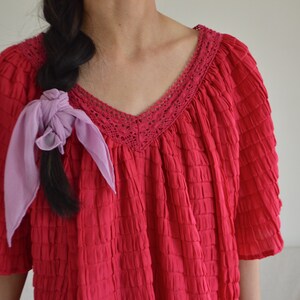 hot pink crinkle pleat smock dress with crochet neckline image 8