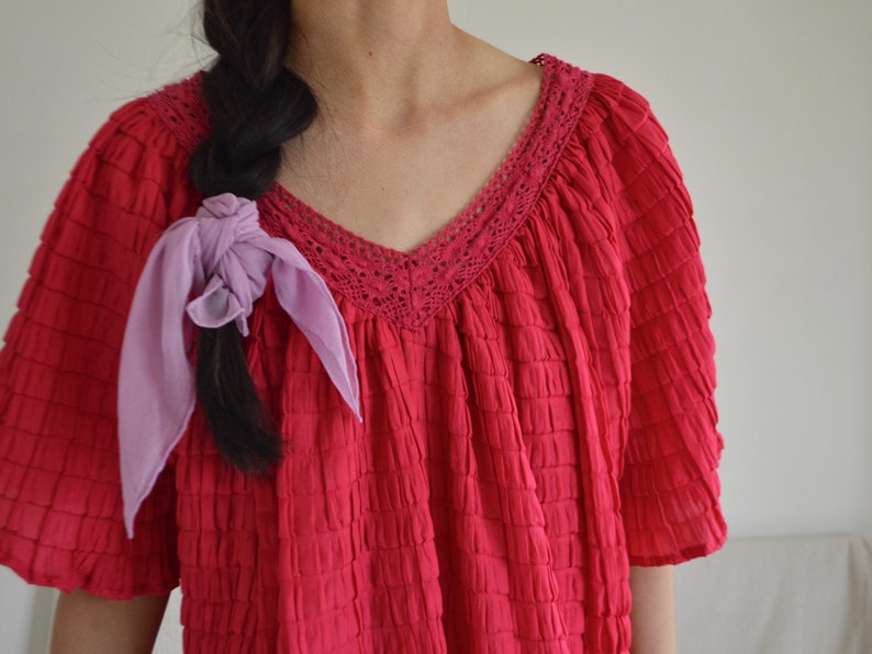 hot pink crinkle pleat smock dress with crochet neckline image 8