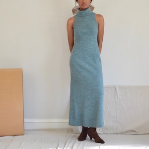 sage green ribbed knit 70s maxi dress with matching cardigan image 3