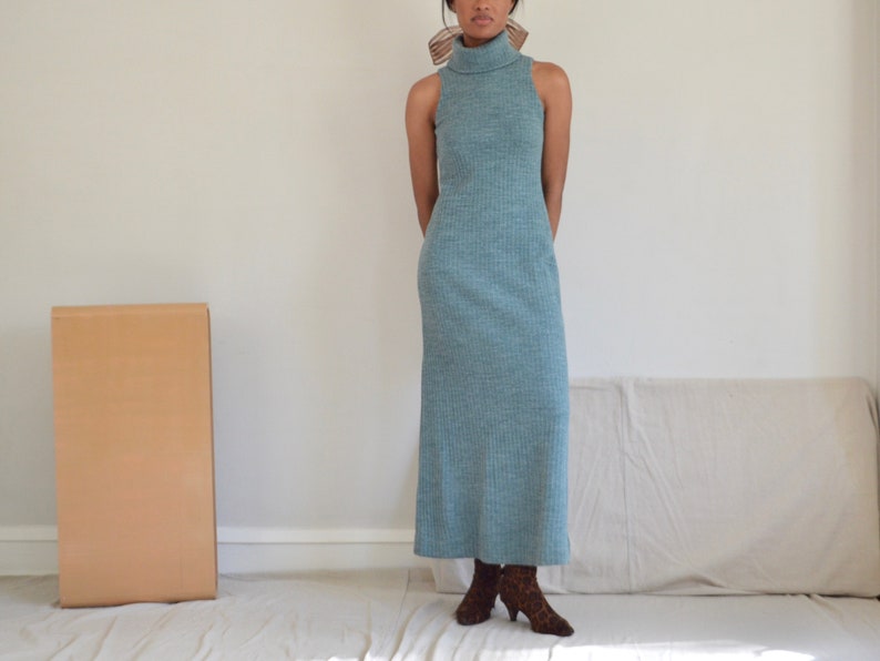 sage green ribbed knit 70s maxi dress with matching cardigan image 3