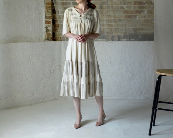 natural cotton gauze ruffle lace up smock dress