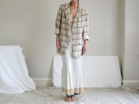 plaid linen long line oversized blazer jacket / j… - image 1