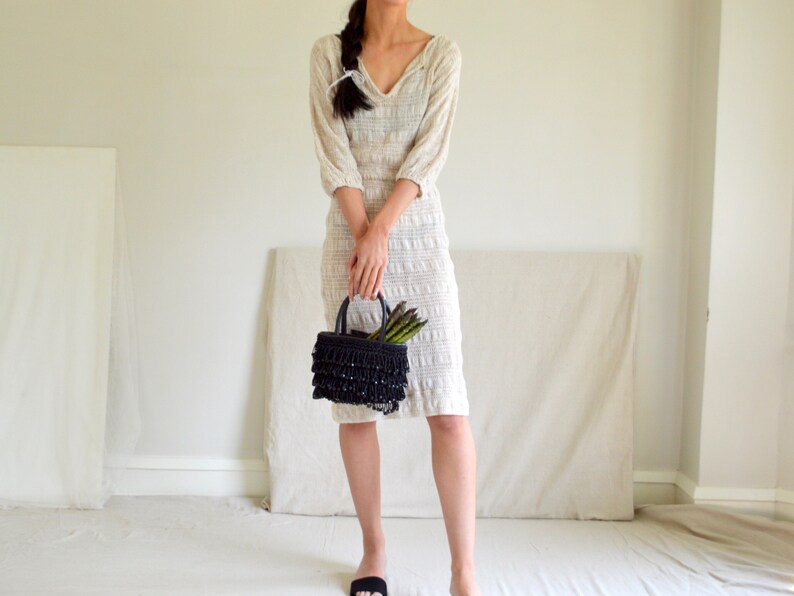 natural cotton nubby blend knit sheer crochet naked dress image 1