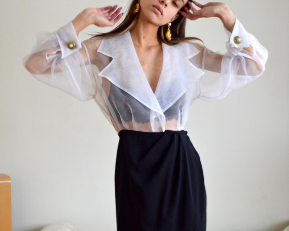 sheer chiffon wrap shirtwaist black and white dre… - image 3