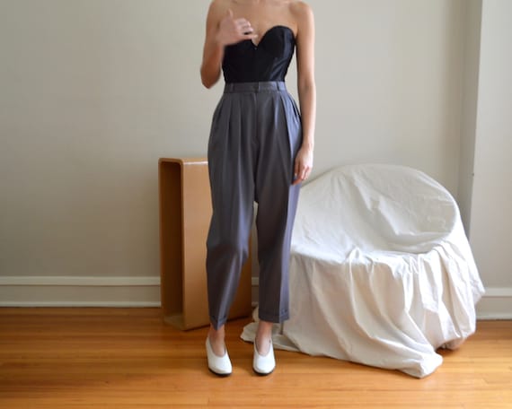 grey wool pleated high waist taper trousers / 29w