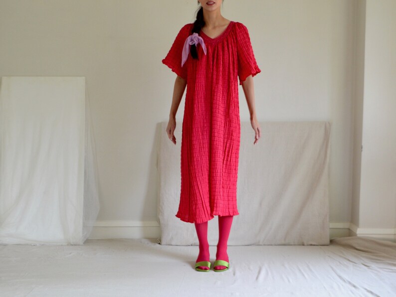 hot pink crinkle pleat smock dress with crochet neckline image 4