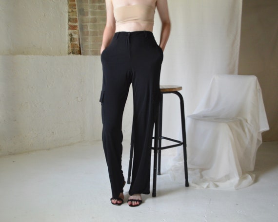 black knit straight leg cargo trousers / 29w
