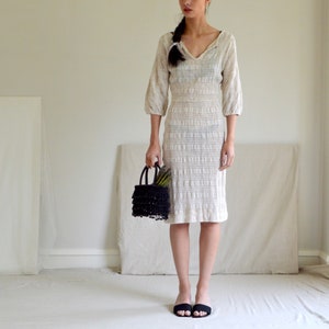 natural cotton nubby blend knit sheer crochet naked dress image 2