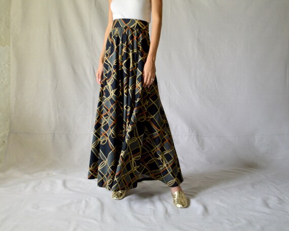 70s barkcloth rope print panel maxi skirt