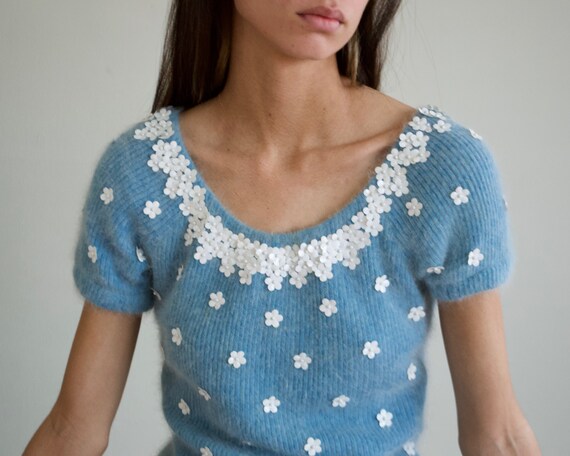 60s Angora Daisy Trim Sweater Set / Two 