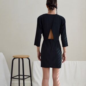 structured cut out back black mini strong shoulder dress image 4
