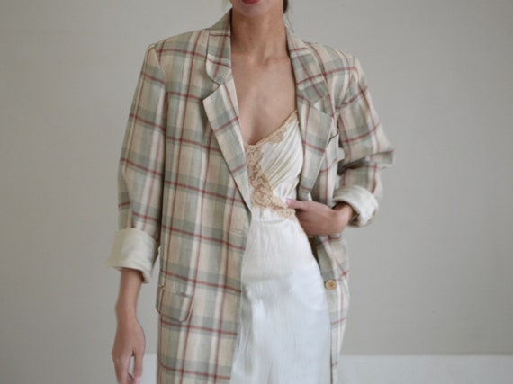 plaid linen long line oversized blazer jacket / j… - image 2