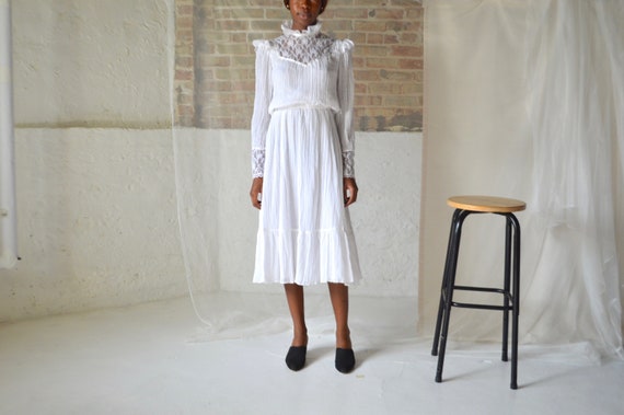 70s white gauze lace neck prairie dress