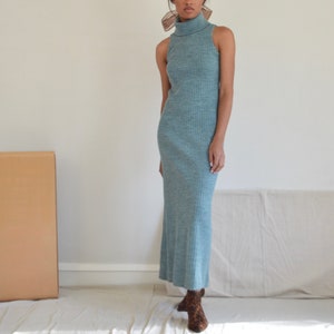sage green ribbed knit 70s maxi dress with matching cardigan image 2