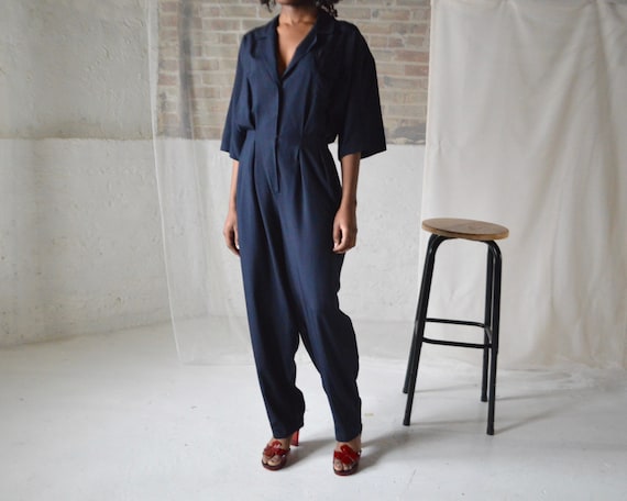 donna karan silk utility pleat navy blue jumpsuit