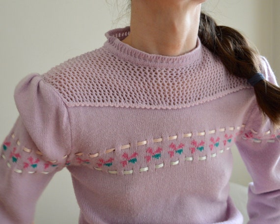 lilac ribbon embroidered pullover puff sleeve swea