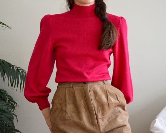 bishop sleeve hot pink mockneck pullover sweater