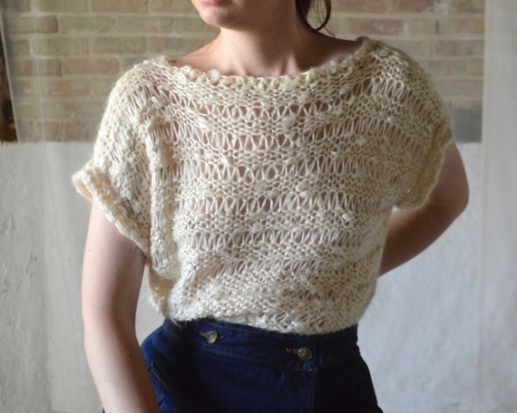 loose knit fuzzy short sleeve pullover sweater