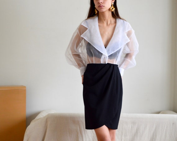 sheer chiffon wrap shirtwaist black and white dre… - image 4