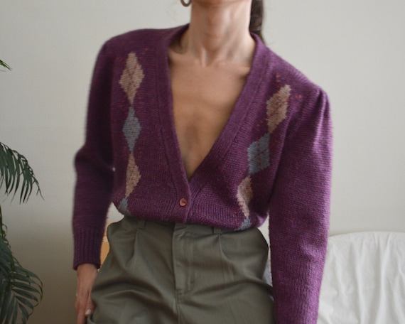 chunky purple argyle plunge puff sleeve cardigan s