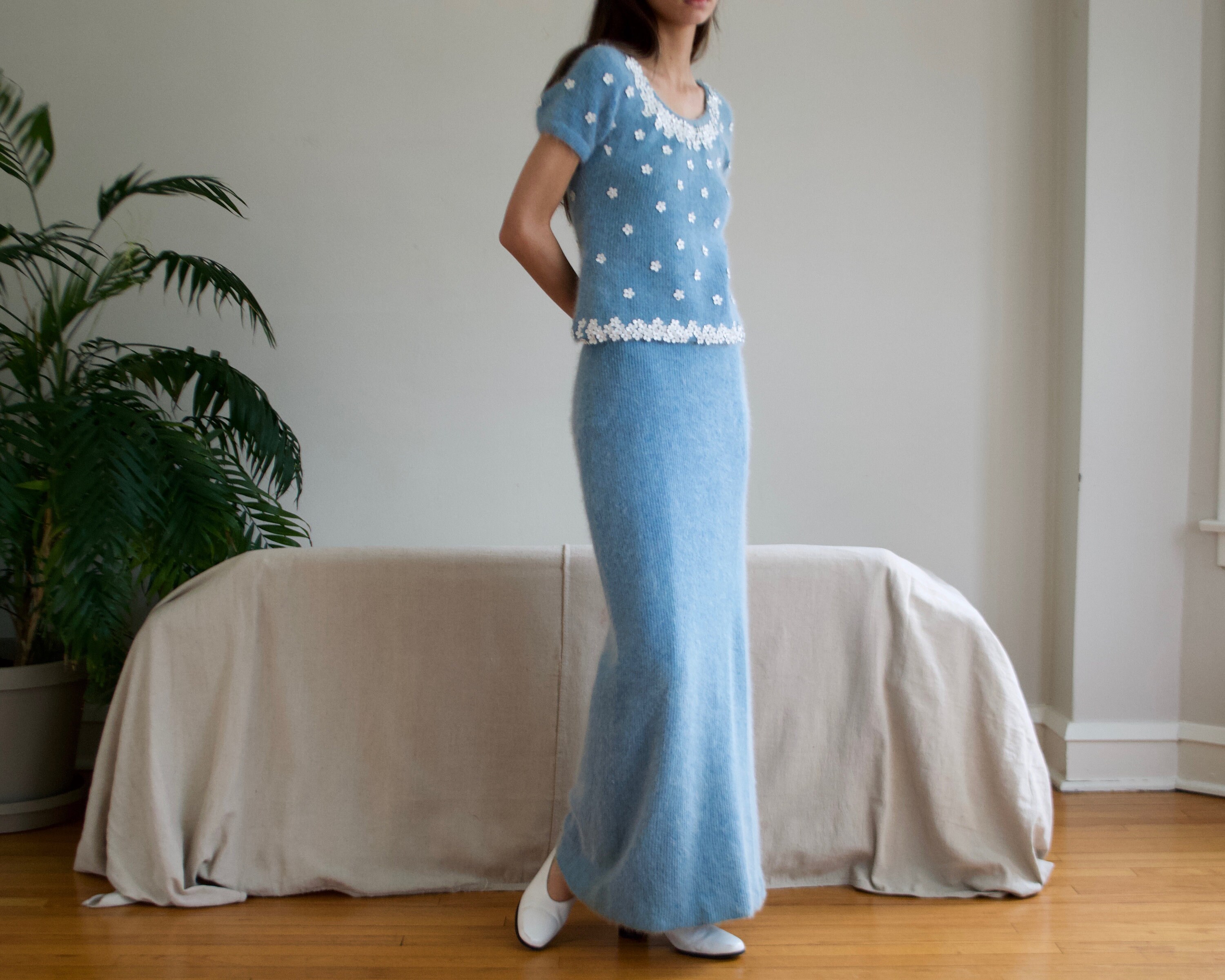 60s Angora Daisy Trim Sweater Set / Two 