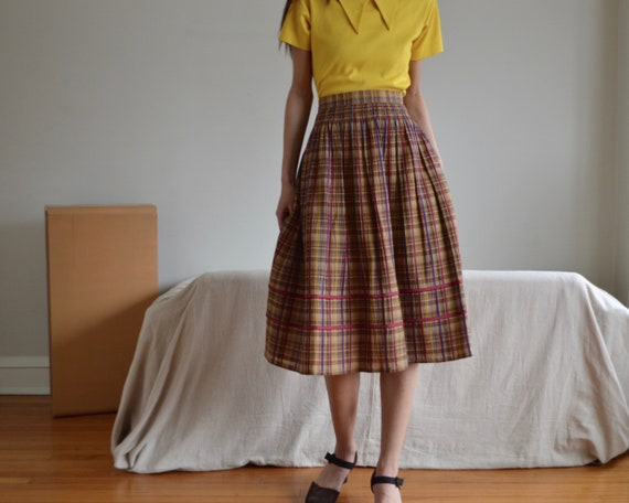 german cotton pleated plaid midi skirt with ruche… - image 3