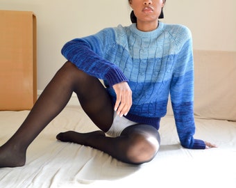 cableknit blue striped ombre pullover 70s sweater