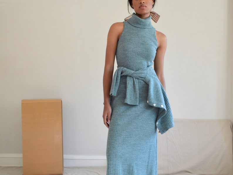 sage green ribbed knit 70s maxi dress with matching cardigan image 1