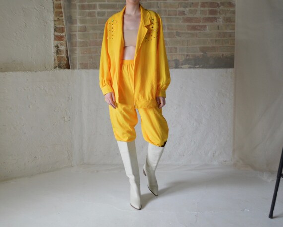 yellow oversized bedazzeled jacket and track pant