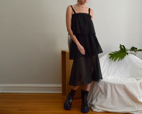 ruffled tiered sheer black spaghetti strap dress