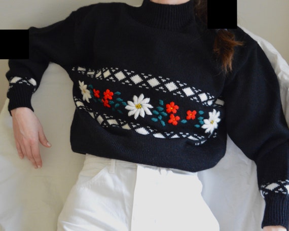 needlepoint black fair isle pullover mockneck swea