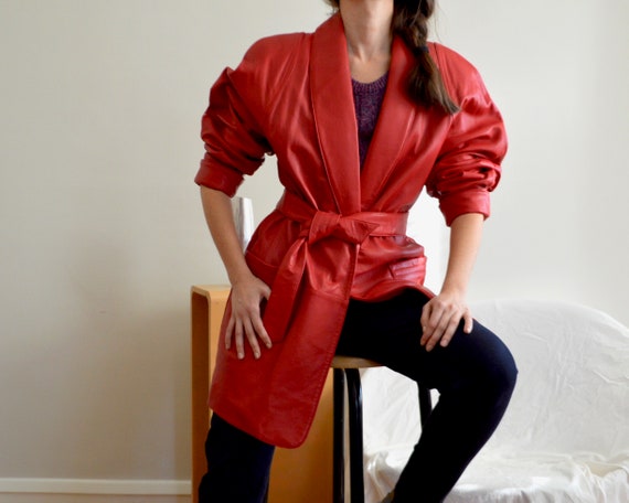 oversized red leather tie waist jacket