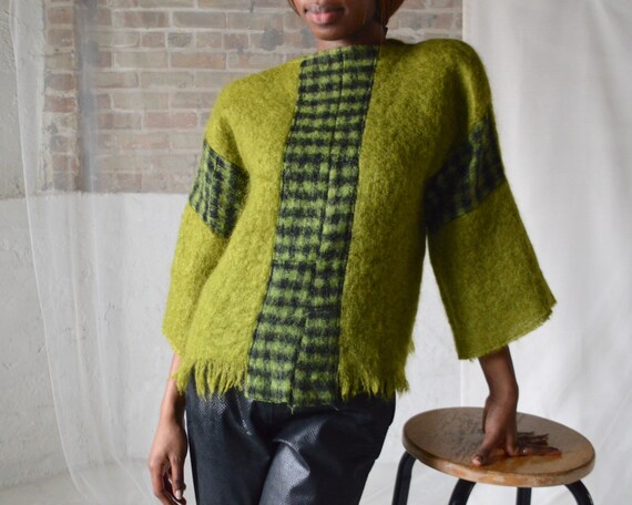 deconstruced mohair citron green patchwork sweater