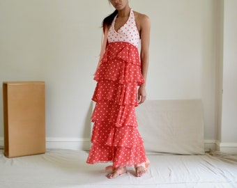 chiffon ruffle 70s polka dot maxi halter dress