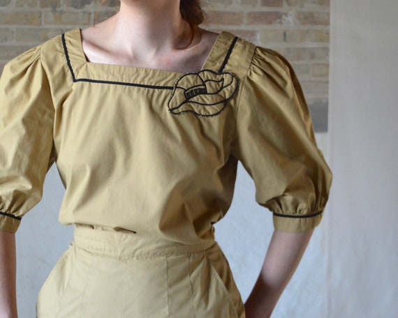 khaki puff sleeve top and culotte set