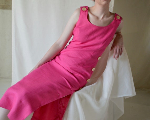 linen button side hot pink sheath dress