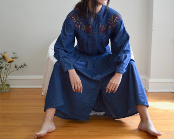 embroidered denim shirtwaist ankle length dress
